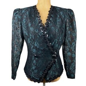 Vintage 1980s Lace and Sequins Jacket with Puff Shoulders and Back Cutout